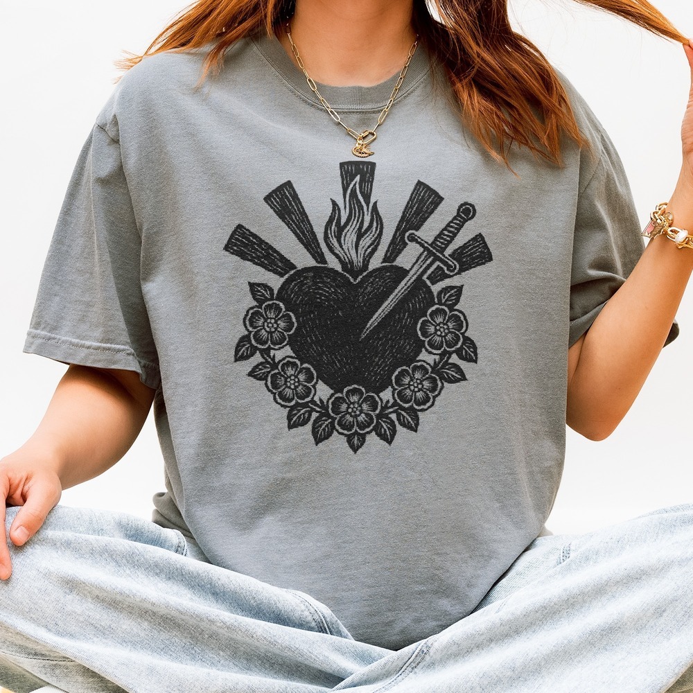 Flaming Heart Pierced by Sword in Floral Wreath Tee